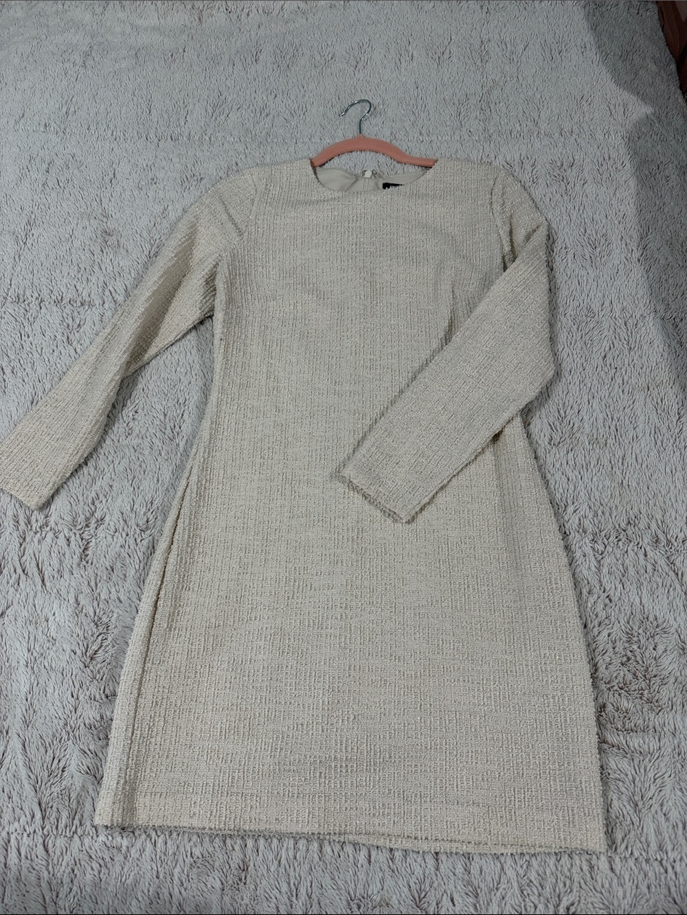 Express Cream Textured Long Sleeve Shift Dress
